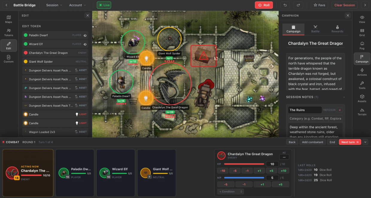 The Battle Bridge DM screen. The Gothic Cathedral Ruins map at full brightness, with a paladin, a wizard, a giant spider and a dragon placed on it, a marked trap and a treasure chest. A token list runs down the left; campaign notes and the dragon's health and condition controls run down the right.